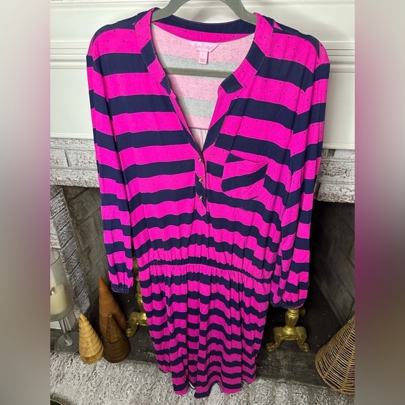Lilly Pulitzer Dresses & Skirts - Lilly Pulitzer Beckett Stripe Balloon Sleeve Cinch Waist Pink and Navy Dress